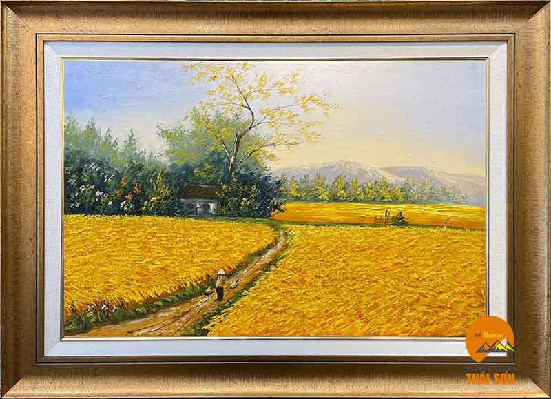 Tranh vẽ phong cảnh Quê Hương Gặt Lúa