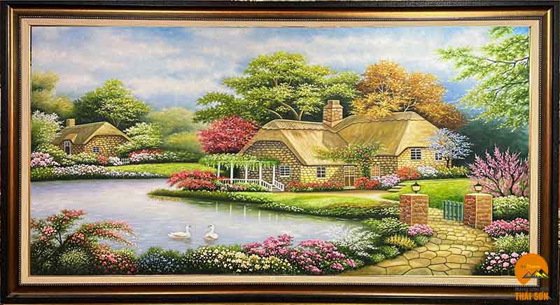 Bức tranh sơn dầu phong cảnh ngôi nhà hạnh phúc đẹp nhất 2021